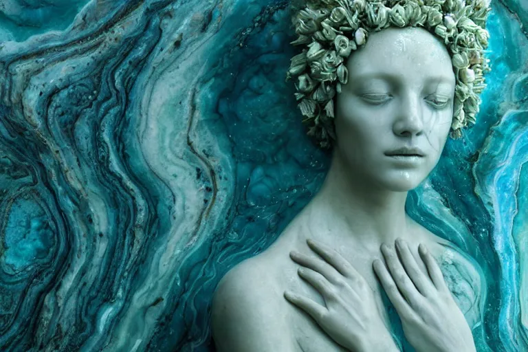 Image similar to a sculpture of a beautiful woman with flowing tears, turquoise fractal flowers on the skin, intricate, a marble sculpture by nicola samori, behance, neo - expressionism, marble sculpture, made of mist, still frame from the prometheus movie by ridley scott with cinematogrophy of christopher doyle, arri alexa, 8 k