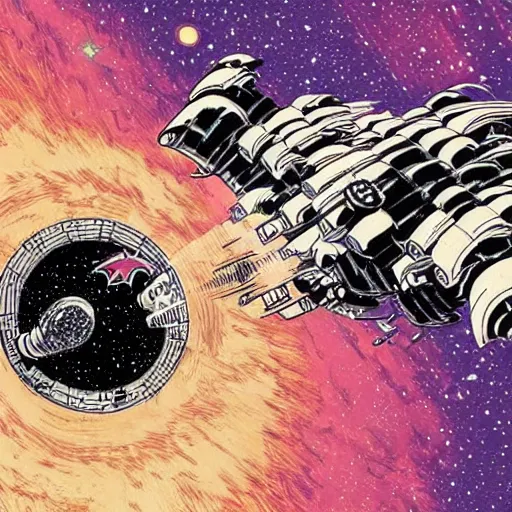 Image similar to colorful mcbess style interstellar war