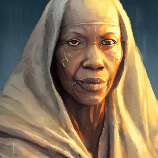 Prompt: portrait of a woman by greg rutkowski, old jedi master, afroamerican, wise, star wars expanded universe, she is about 7 0 years old, wearing jedi robes.