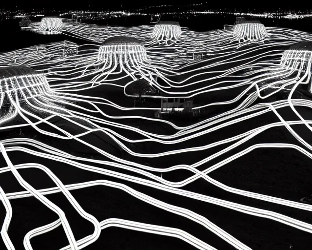 Image similar to black and white connected ecovillage houses - plant goddess high quality photo, microchip, artificial intelligence, bio - mechanical bio - luminescence, black wired cables, neurons, nerve cells, cinematic, rim light, photo - realistic, elegant, high detail, 8 k, masterpiece, high fashion, in the style of man ray