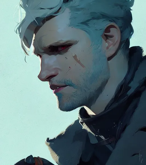 Prompt: portrait of cullen from dragon age near campfire by atey ghailan, by greg rutkowski, by greg tocchini, by james gilleard, by joe fenton, by kaethe butcher, dynamic lighting, gradient light blue, brown, blonde cream and white color scheme, grunge aesthetic