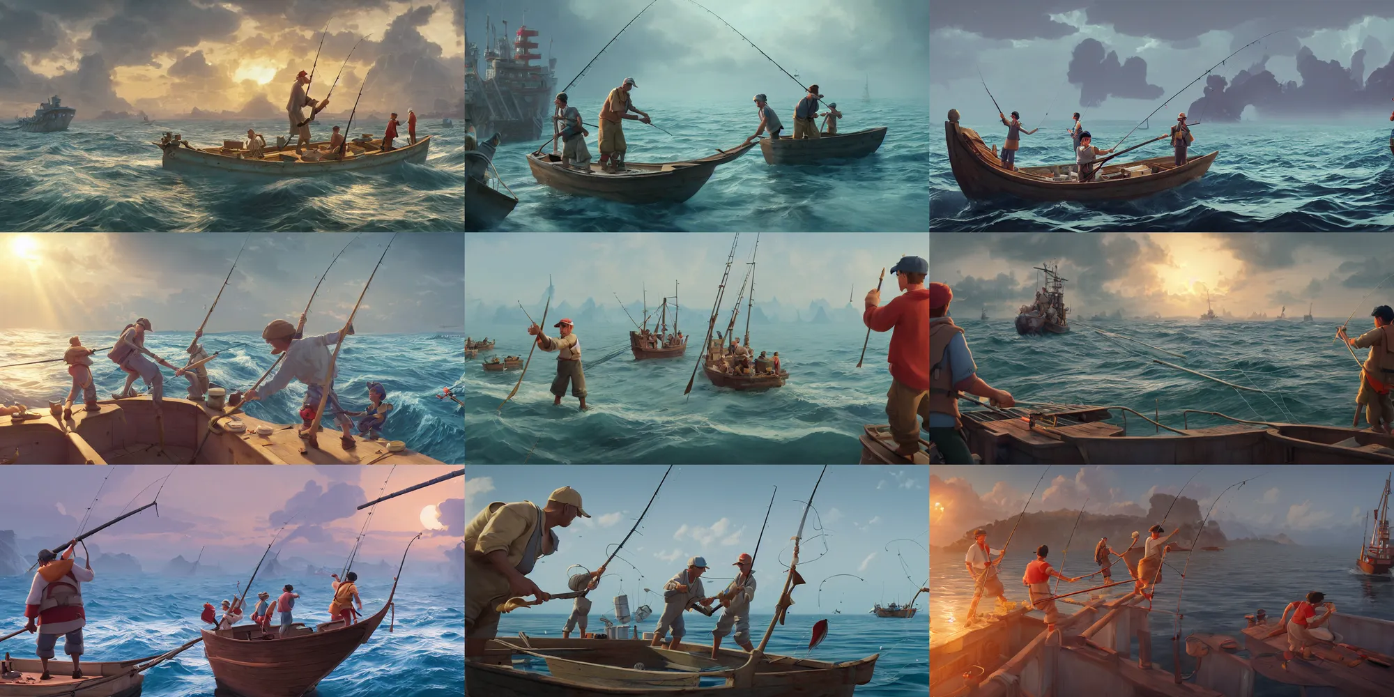 Prompt: fishermen catching fish with rods in their ship at sea and reacting to the fish caught, fishing boat, studio Ghibli, Pixar and Disney animation, sharp, Rendered Unreal Engine 5, film key art, Greg Rutkowski, Bloom, dramatic lighting