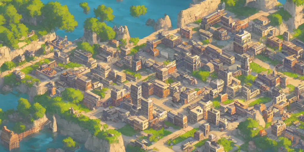 Image similar to rpg isometric top view of a lovely anime medieval fantasy port city!! jrpg!! cory loftis, james gilleard, atey ghailan, makoto shinkai, goro fujita, studio ghibli, rim light, exquisite lighting, clear focus, very coherent, plain background, soft painting