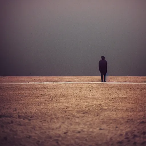 Image similar to a lonely man standing on a deserted planet, dreary, head down, smokey, mist, blur, ambient lighting, photograph, 24mm,