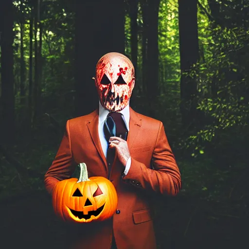 Image similar to man in strict suit with pumpkin mask, Halloween pumpkin, forest background, on plain, bloody knife in right hand, some blood on body, full body, extremely detailed, sharp focus, professional photographer, professional model