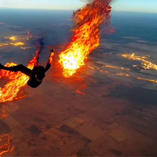 Prompt: People skydiving into flames out of an airplane with the door open