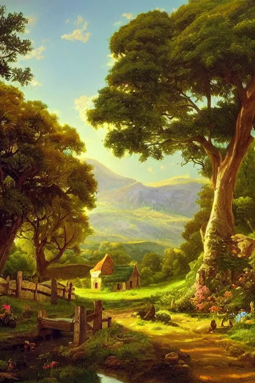 Image similar to asher brown durand oil painting on canvas of tolkien's the shire hobbiton