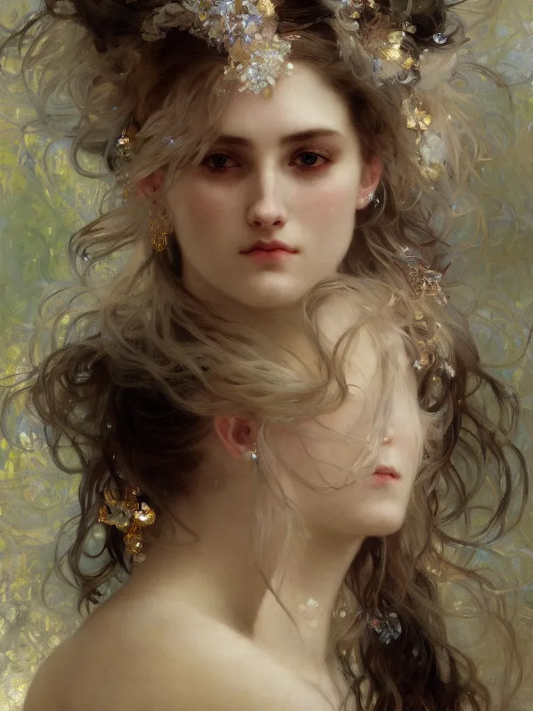 Prompt: a highly detailed beautiful white haired woman, adorned with precious stones and thin gold tendrils, by jeremy mann, by alphonse mucha, by william - adolphe bouguereau, 4 k resolution, trending on artstation, very very detailed, masterpiece, stunning, intricate,