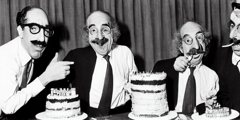 Prompt: Groucho Marx and Harpo Marx launch a cake on the face of Donald Trump. Donald Trump is a afraid. Groucho Marx and Harpo Marx laugh at him
