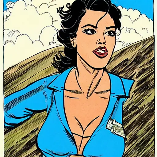 Image similar to attractive hispanic women talking by a cliff side, drawn by jaime hernandez, gilberto hernandez