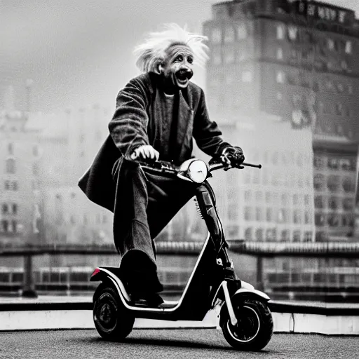 Image similar to Albert Einstein rides an electric scooter with his tongue out, moody, beautiful composition, hyper detailed, insane details , 8K