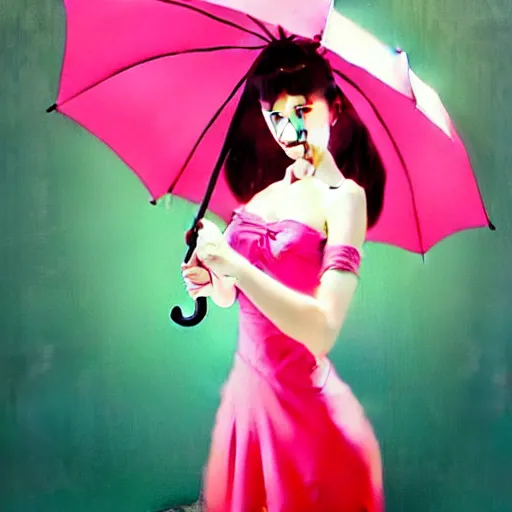 Image similar to a portrait of a girl holding a pink pinky red umbrella, confident pose, pinky red colors, genshin impact, intricate, illustration, highly detailed, concept art, matte, trending on artstation, by greg rutkowski, gil elvgren, earl moran, sharp focus, anime art, pinky red color scheme, art station, by ilya kuvshinov h 6 4 0