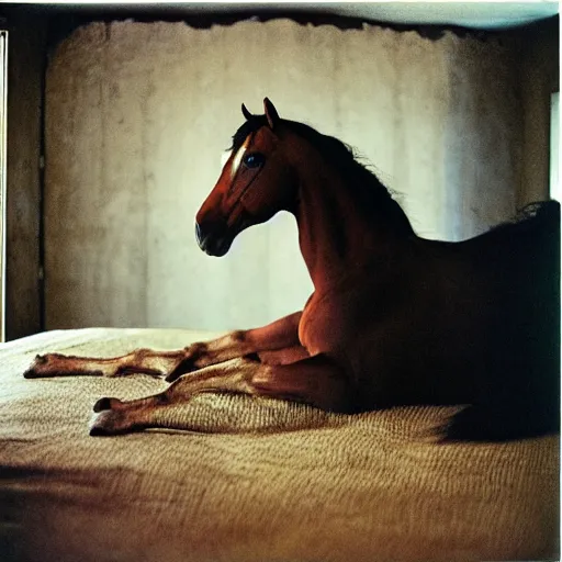 Prompt: bedroom photo of a horse, by Annie Leibovitz