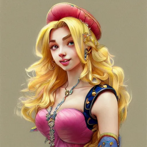 Image similar to portrait of princess peach from the mushroom kingdom, nose ring, upper body, blonde hair, long hair, joyful smirk, intricate, elegant, highly detailed, digital painting, artstation, concept art, matte, sharp focus, illustration, art by artgerm and greg rutkowski and alphonse mucha