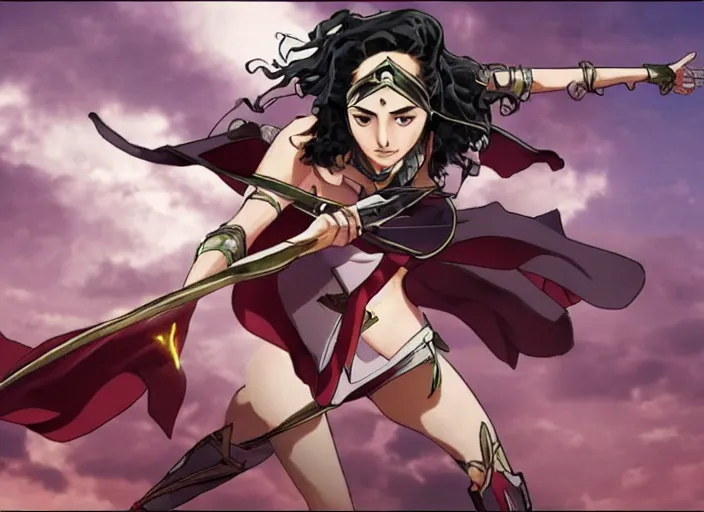 Image similar to gal gadot flying screenshot from demon slayer 鬼滅の刃 anime gal gadot