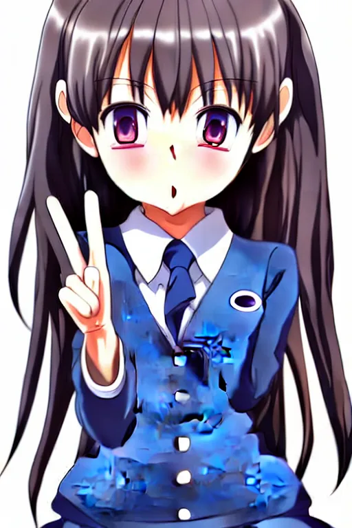 Image similar to full body anime portrait of a cute android girl round eyes long hair dressed in a school uniform inside the school, peace sign, stunning, highly detailed, anatomically correct