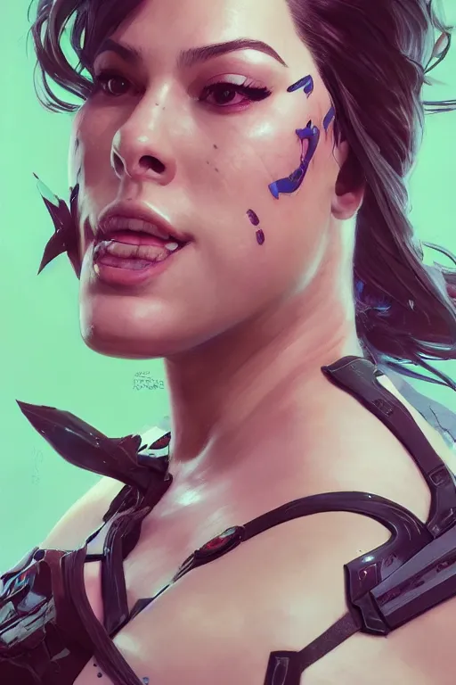 Image similar to Portrait of Ashley Graham wearing DVA bodysuit from Overwatch, marvel comics, dark, intricate, highly detailed, smooth, artstation, digital illustration by Ruan Jia and Mandy Jurgens and Artgerm and Wayne Barlowe and Greg Rutkowski and Zdislav Beksinski