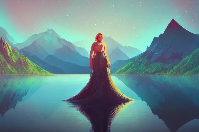 Image similar to wide wide photo of very beautiful woman (((dynamic lighting)) in chromatic dmt fractal lake with glowing birds, mountains, elegant, highly detailed, sharp focus, illustration, beautiful, geometric, trending on artstation, cinematic, artwork by WLOP