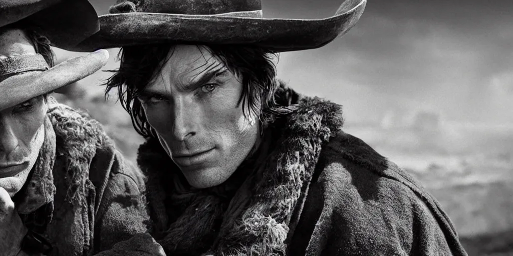 Image similar to portrait of rugged bandit cillian murphy [ alone ] in the old west, strangling a cowboy, volumetric lighting, cinematic, dark, grim. directed by coen brothers.