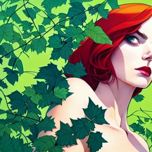 Image similar to joshua middleton, phil noto, artgerm, emma stone poison ivy, vines, symmetrical eyes, city rooftop