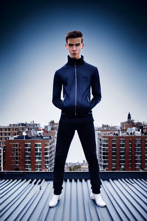 Image similar to un ultra high definition studio quality photographic art portrait of a young man standing on the rooftop of a british apartment building wearing soft padded silver pearlescent clothing. three point light. extremely detailed. golden ratio, ray tracing, volumetric light, shallow depth of field. set dressed.