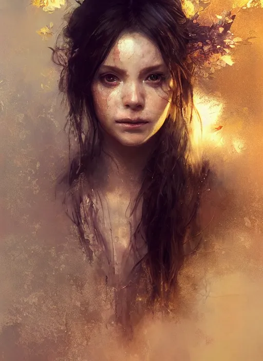 Image similar to golden leaves, beautiful portrait painting by jeremy mann, a female witch absurdly beautiful, elegant, ultrafine hyperrealistic detailed face illustration by wlop and artgerm and greg rutkowski, intricate linework, sharp focus, smooth, octopath traveler, final fantasy, unreal engine, dramatic lighting, ethereal, 8 k