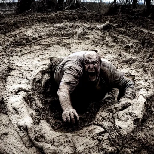 Prompt: photo of a crazy old man emerging from a pile of mud, dramatic lighting, photography, horror film poster