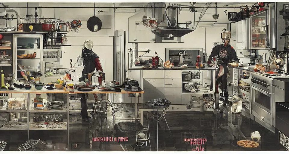 Image similar to IKEA catalogue photo of a cyberpunk kitchen on a spaceship, by Ravi Zupa