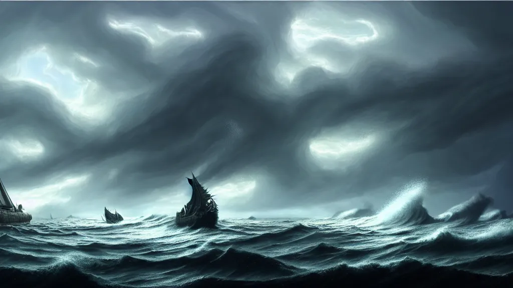 Prompt: a fantasy book landscape of a massive big giant kraken in the background vs a small manned boat in the front, a stormy sea, giant waves, lightning in the background, soft digital painting, highly detailed, artstation, sharp focus, illustration, concept art, ruan jia, oil painting, 4 k