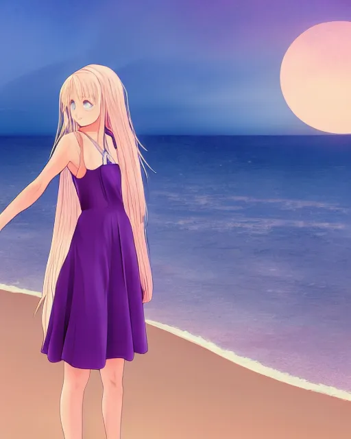 Image similar to a 1 8 - year - old girl wearing a violet dress, standing on a beach, with her eyes on the dusk, natural lighting, hyperdetailed anime - styled illurstration, 4 k