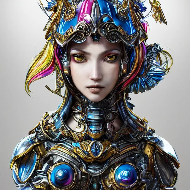 Prompt: studio portrait of lawful good rainbow colorful female holy divine mech paladin as absurdly beautiful, elegant, young cute gravure idol, ultrafine hyperrealistic detailed face illustration by kim jung gi, irakli nadar, intricate linework, sharp focus, bright colors, matte, final fantasy, unreal engine highly rendered, global illumination, radiant light, intricate environment