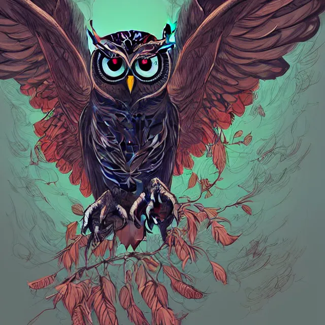 Prompt: an incredibly scary owl with its wings outstretched and with huge bulging eyes, digital art, fantasy, highly detailed, in the style of jake parker, in the style of conrad roset, swirly vibrant colors, sharp focus