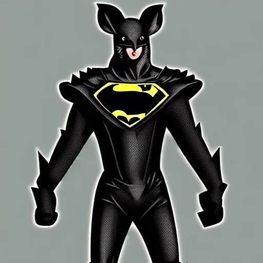 Image similar to hyper realistic digital art of ratman, a superhero with the powers of a rat in a black armor with a logo of the letter r on it