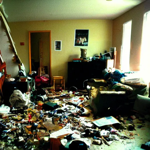 Prompt: a high flash photo of a messy living room, 2 0 0 6, taken with a disposable camera