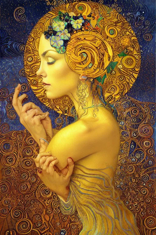 Prompt: Visions of Paradise by Karol Bak, Jean Deville, Gustav Klimt, and Vincent Van Gogh, visionary, otherworldly, radiant halo, fractal structures, infinite angelic wings, ornate gilded medieval icon, third eye, spirals, heavenly spiraling clouds with godrays, airy colors