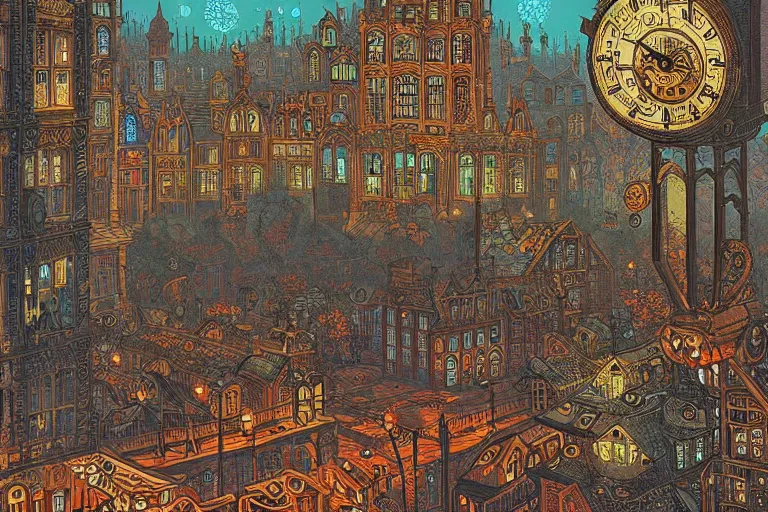 Prompt: clockwork victorian cityscape by Louis Wain (1920) and Dan Mumford