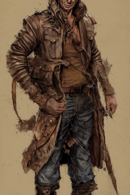 Prompt: character design, reference sheet, 40's adventurer, stained dirty clothing, leather bomber jacket, realistic, hyperdetailed, concept art, chiaroscuro, art Frank Frazetta
