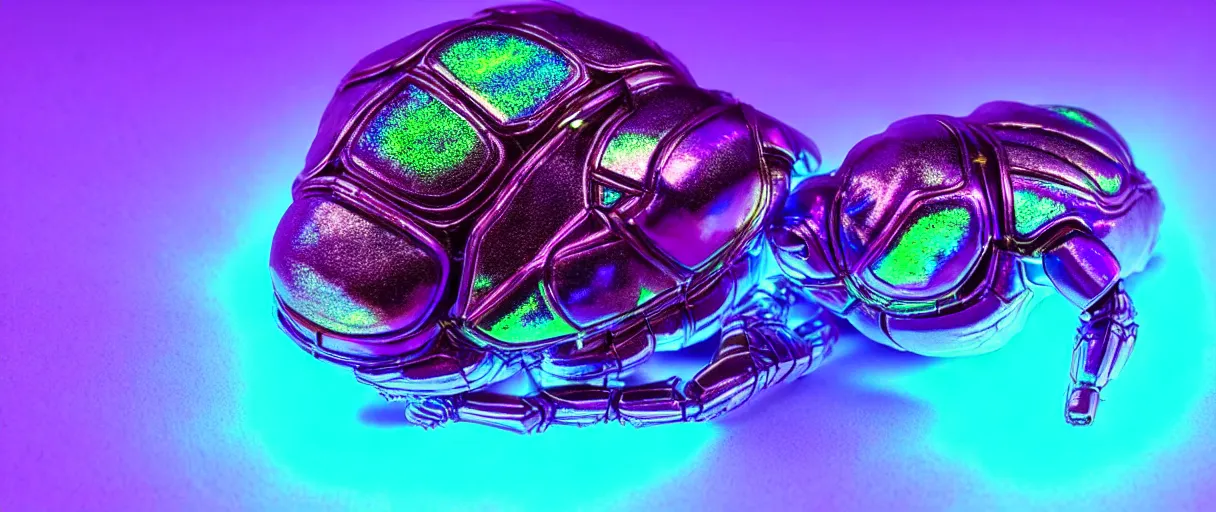 Prompt: high quality photo glowy iridescent cyborg scarab! jeweled very pretty! highly detailed digital art david ligare elson peter cinematic purple neon lighting high quality low angle hd 8k sharp shallow depth of field