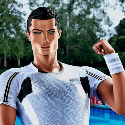 Image similar to a realistic detailed photo of a guy who is an attractive humanoid who is half robot and half humanoid, who is a male android, soccer player cristiano ronaldo, shiny skin, posing like a statue, blank stare, by the pool, on display, showing off his muscles, humanoid robot, gold soccer shorts