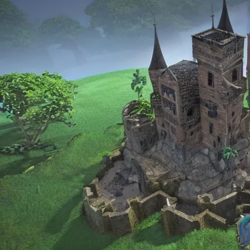 Prompt: medieval castle in the jungle, sots art, featured on polycount