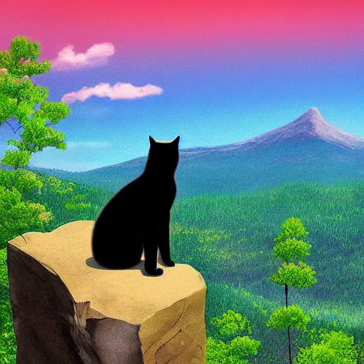 Image similar to a black cat sitting on top of a mountain enjoying the view, stunning digital art