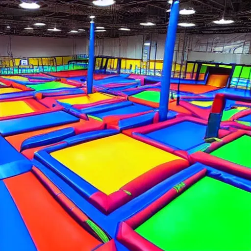 Prompt: empty colorful trampoline park, realistic, nostalgic, detailed. realistic, detailed, hyper realistic.