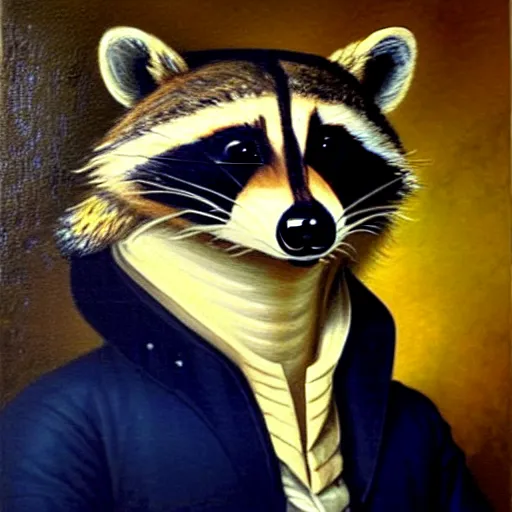 Prompt: a head and shoulders portrait painting of an anthropomorphic!!!!!!!!!! raccoon!!!!!!!!!! wearing a colonial outfit without a hat looking off camera, a character portrait, american romanticism, oil on canvas