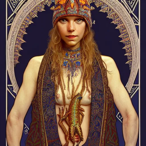 Prompt: a portrait of a lizard shaman, upper half portrait, decorated with russian motifs, russian shaman, siberia, traditional russia, intricate, elegant, highly detailed, symmetry, headpiece, digital painting, artstation concept art smooth sharp focus, illustration, art by artgerm and greg rutkowski alphonse mucha 8 k