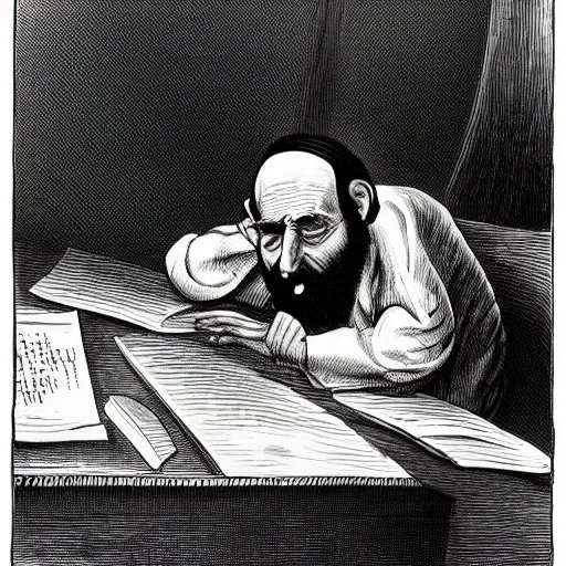 Prompt: a photograph photo of a rabbi bent over at his desk, dead and twisted by a curse