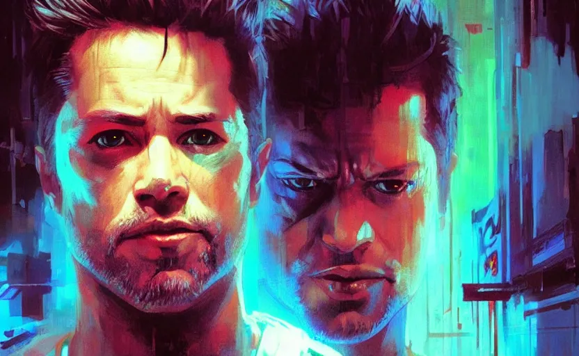 Image similar to portrait of Tyler Durden in cyberpunk, neon lighting, night city, digital art from artstation by Ruan Jia and Mandy Jurgens and Artgerm and william-adolphe bouguereau and Greg Rutkowski and Wayne Barlowe