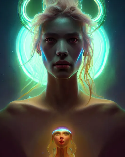 Prompt: one singular portrait of a sad bioluminescent creature, highly detailed, digital painting, cinematic, hyper realism, dark retrowave, art by stanley lau and artgerm and magali villeneuve and alphonse mucha, artstation, octane render, cgsociety