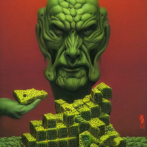 Prompt: Angry Green Man surrounded by blocks of Swiss cheese, dark fantasy, artstation, painted by Zdzisław Beksiński and Wayne Barlowe