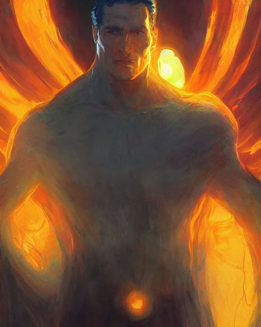 Prompt: superman emerging from the sun, detailed face, elegant, orange yellow ethereal, horror, fantasy art by greg rutkowski and magali villeneuve and claude monet