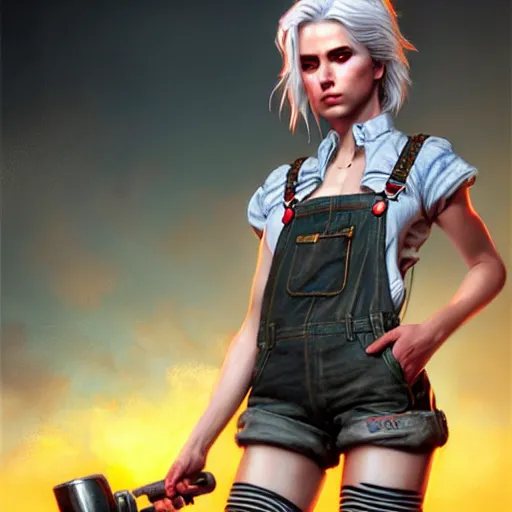 Image similar to full body pose, grungy ciri, torn overalls, short shorts, combat boots, fishnets, beautiful, highly detailed face, true anatomy!, extremely detailed!, digital painting, unreal engine 5, art by tom bagshaw